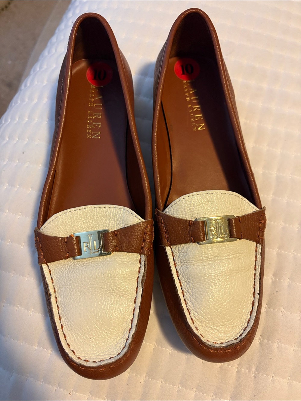 Ralph Lauren Brown and White Leather Penny Loafers